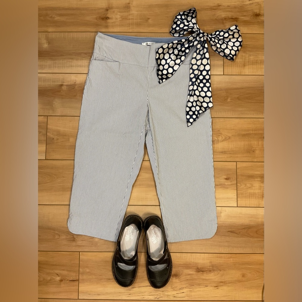 S. C. & CO. 360 Tummy Control PullOn Blue & White Pinstriped Capri Pants Size 16